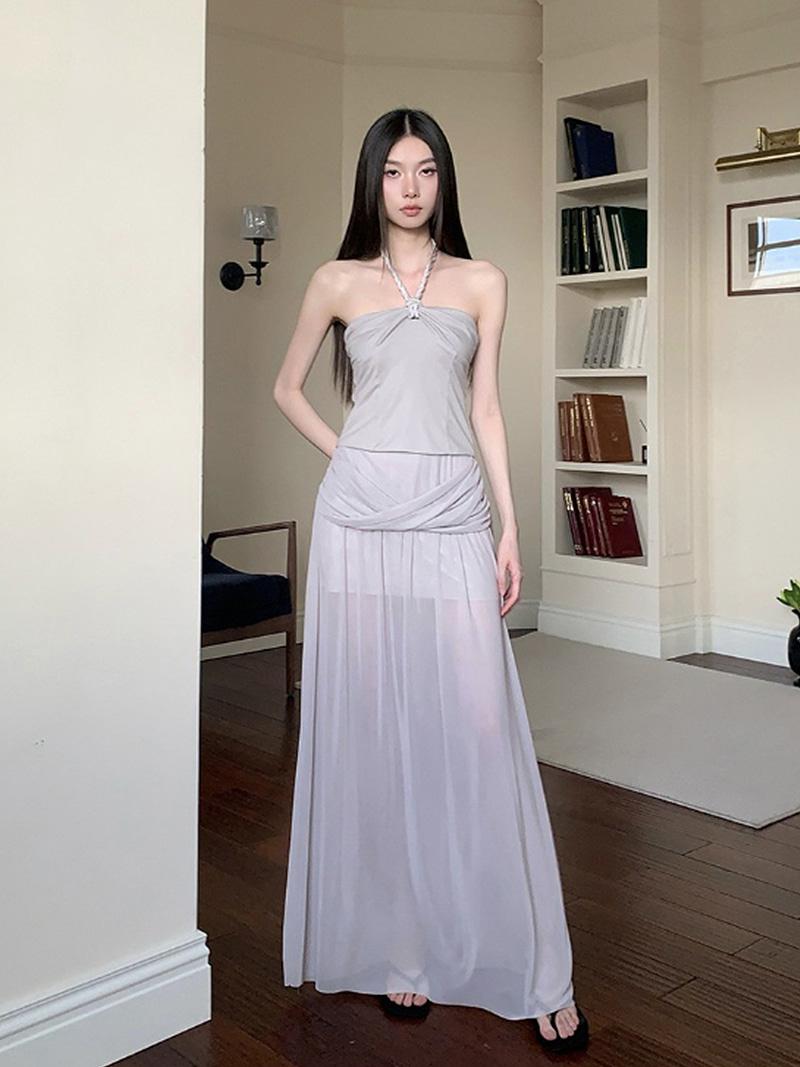 Twist Shirring Halter Sleeveless & Long Skirt