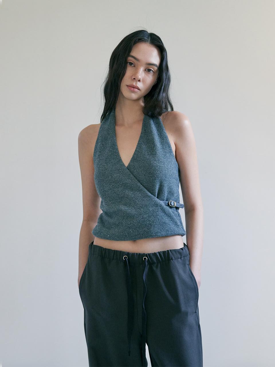 Fluffy halter knit top_grey