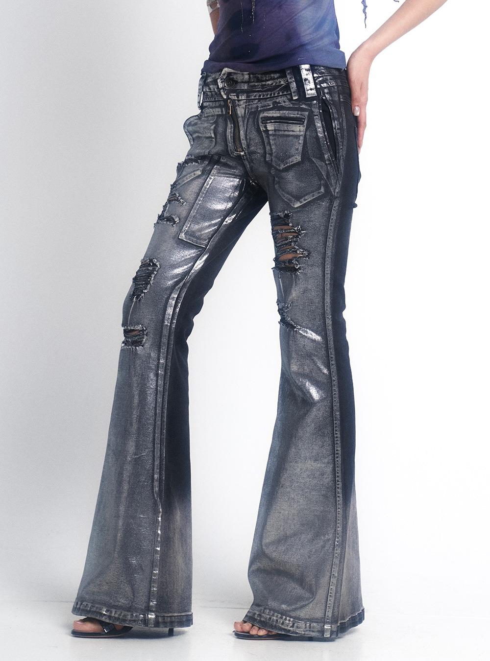 Punk Glitter Slash Stretch Denim Pants