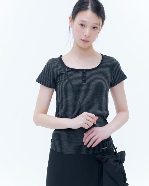 Striped henley neck short sleeves BLACK