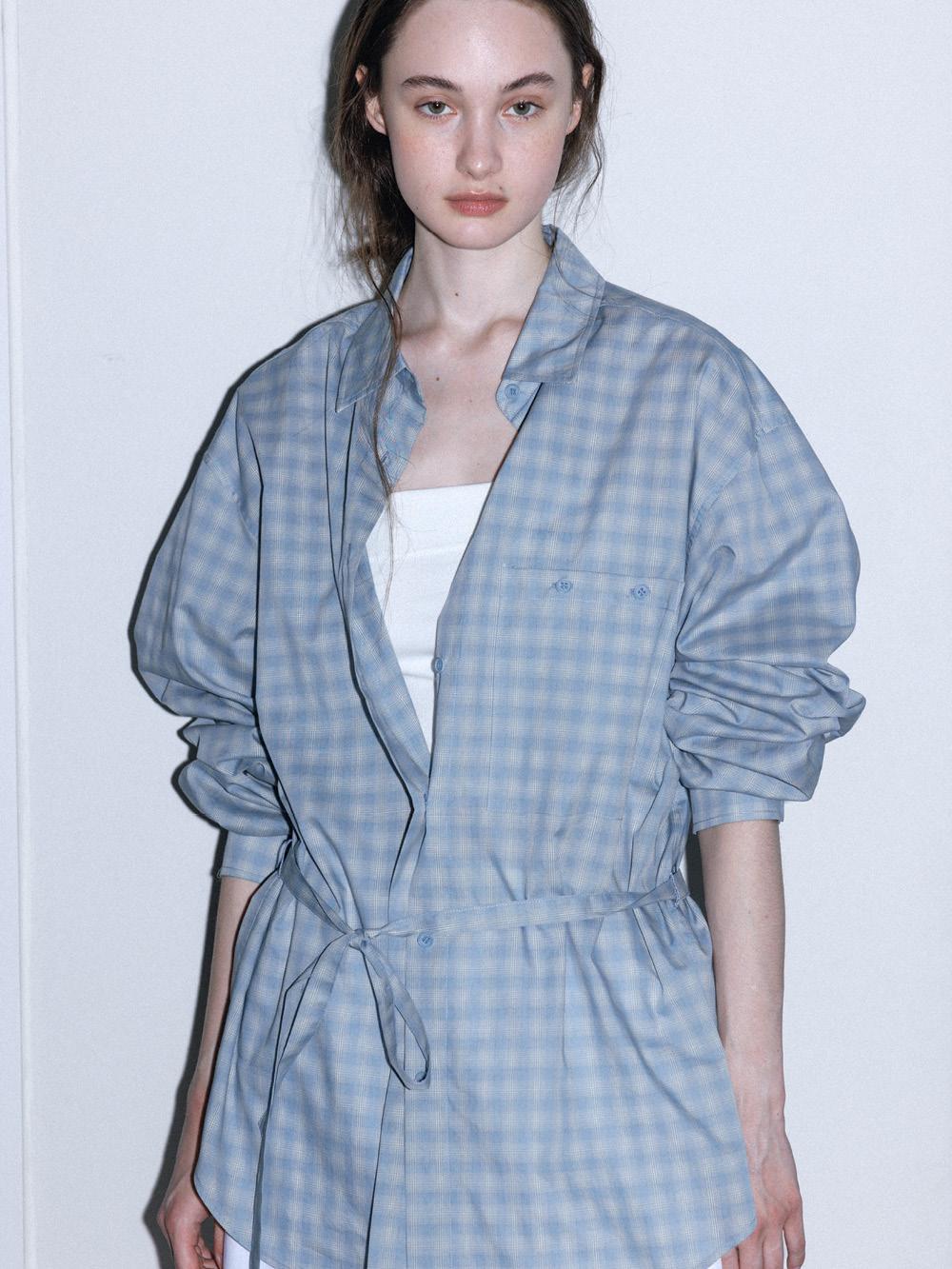 BELTED LOOSE CHECK SHIRT, BLUE