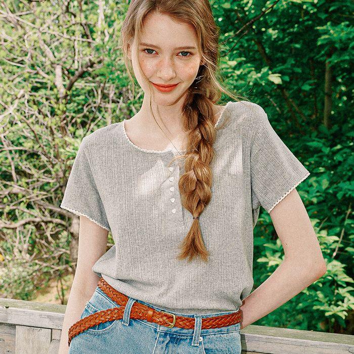 TORCHON LACE HENRYNECK T SHIRT GREY