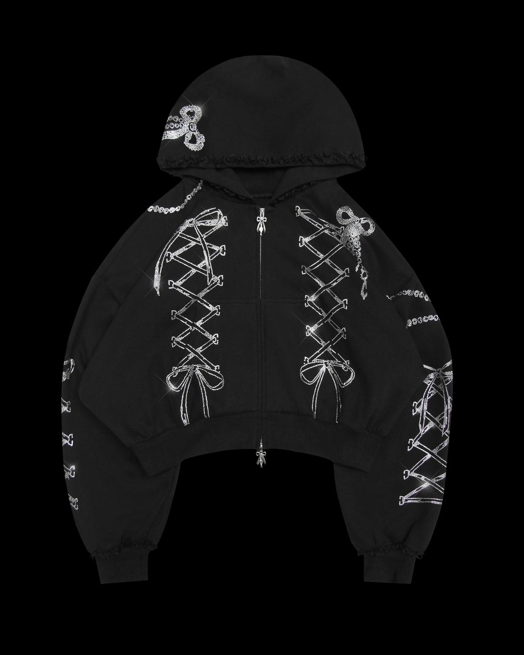 CONFESSIONS RHINESTONE CROP ZIP HOODIE BLACK - XS