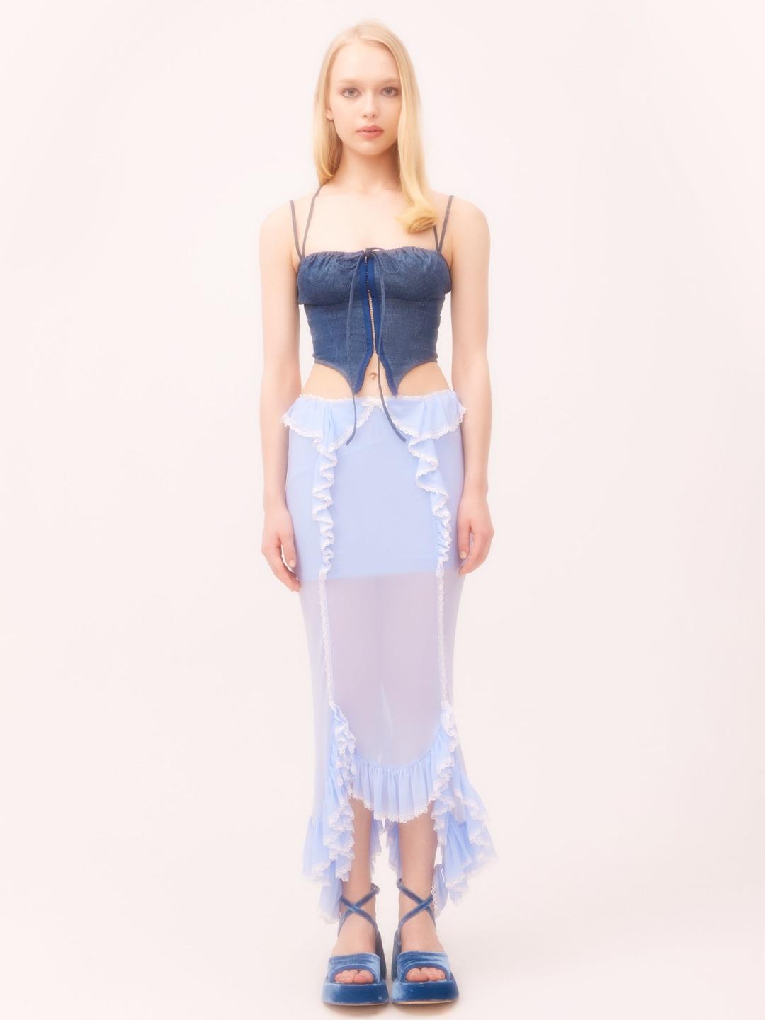 Nodress Lace Trim Baby  Blue Netting Ruffled Fishtail Skirt