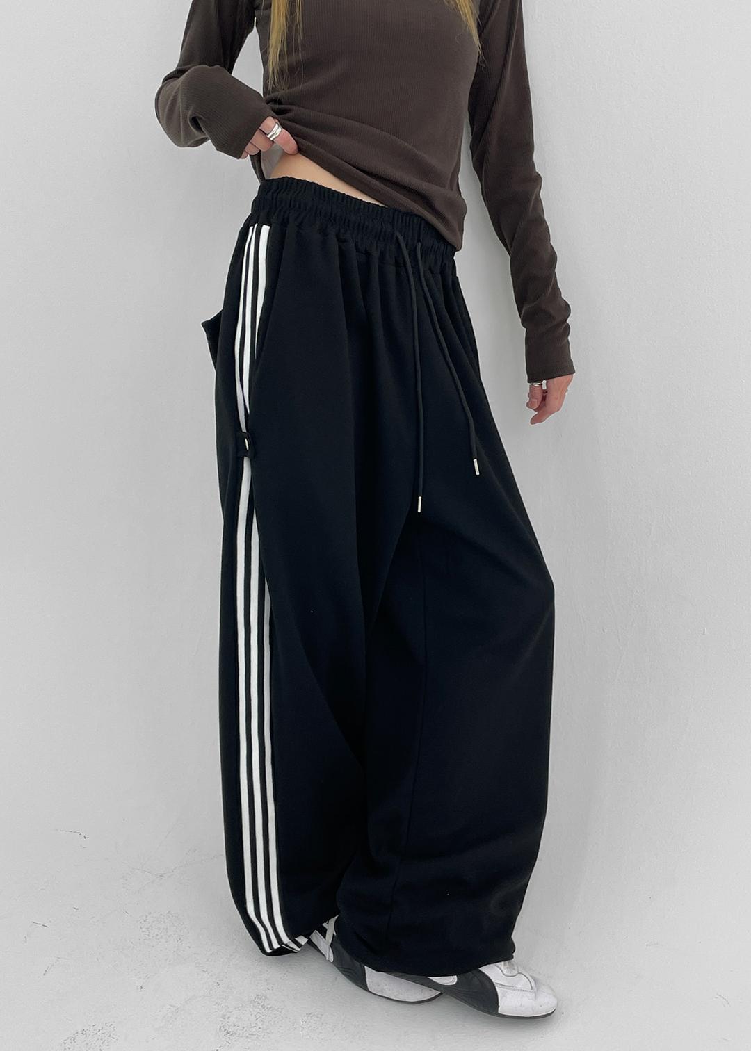 블랙업 [5천장판매] (UNISEX) 하픈 라인 와이드 밴딩 스트링팬츠