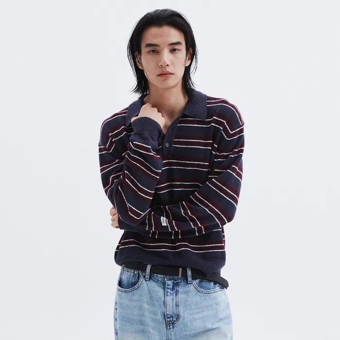 스트라이프 카라 니트 - NAVY