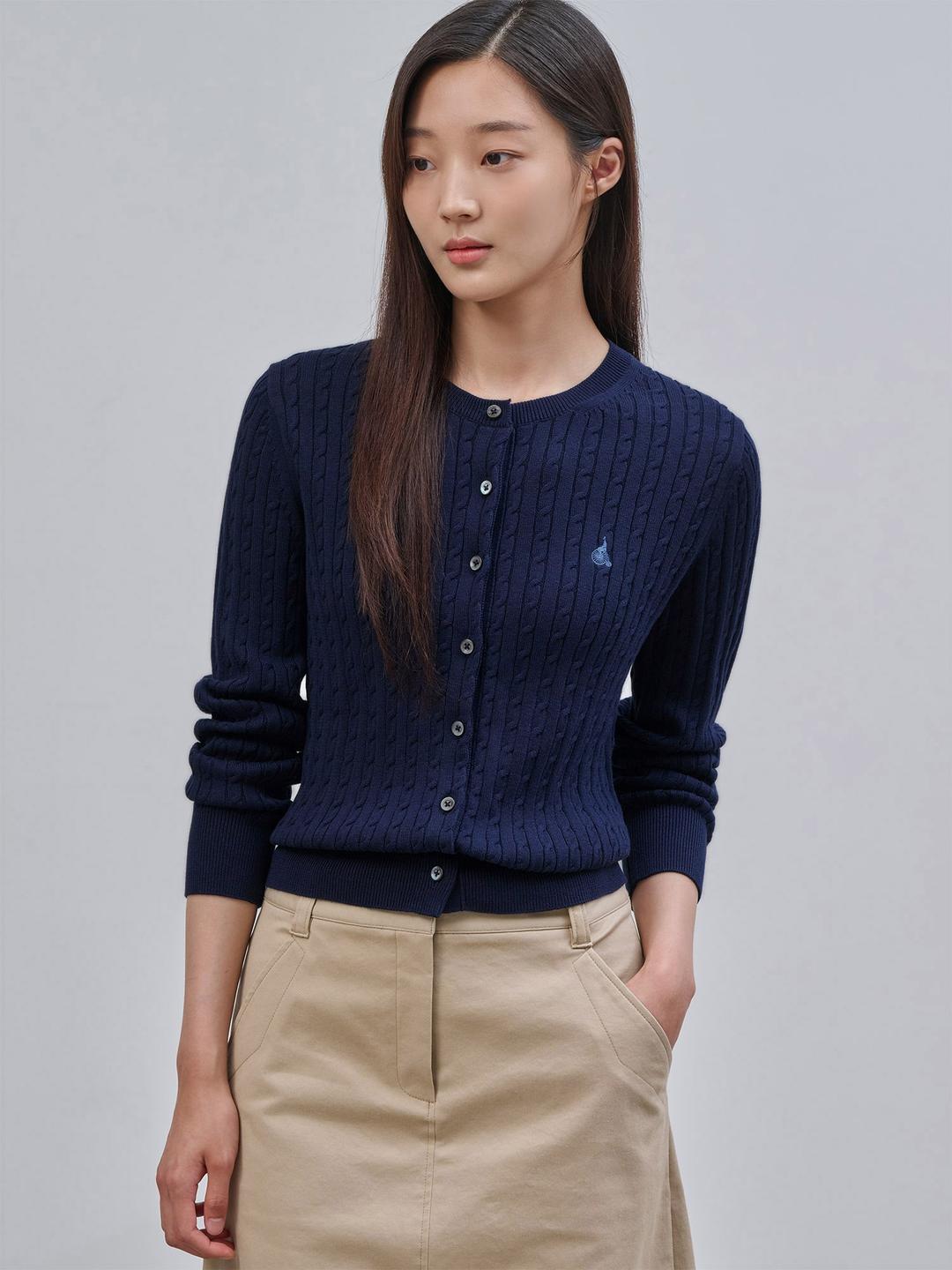 코튼 슬림 케이블 카디건 - 네이비