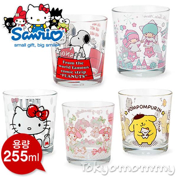 (일본)산리오 캐릭터 투명글라스 유리컵(255ml_5type)  헬로키티 마이멜로디 트윈스타 스누피 폼폼푸린 음료컵,물컵,귀여운유리잔