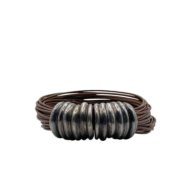 Vintage Multi Strand Leather 925silver Bracelet - brown