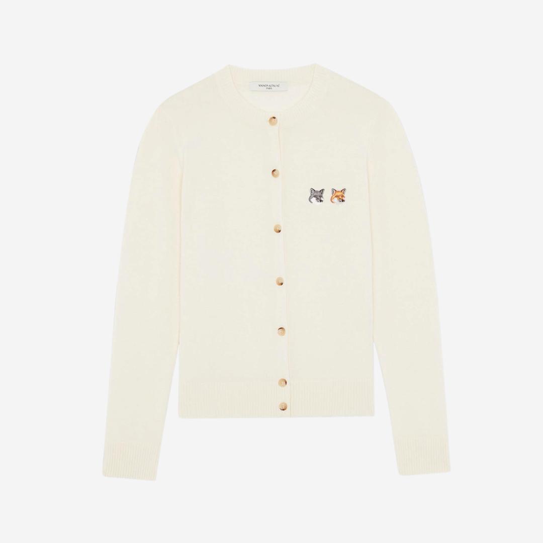 (W) Maison Kitsune Double Fox Head Patch R-Neck Cardigan Ecru