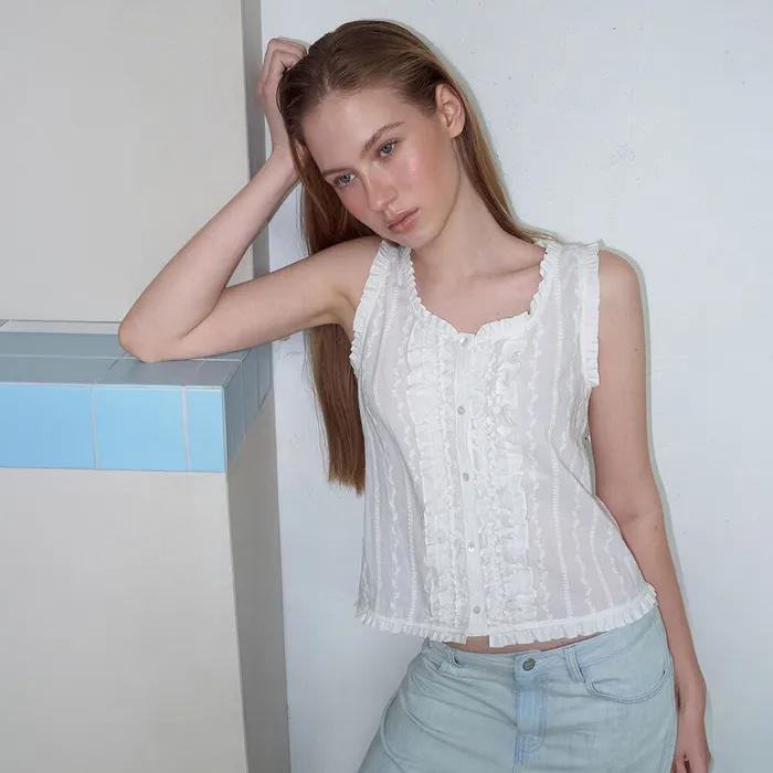 Double Frill Sleeveless Blouse, White