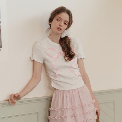 Cest_Ribbon shirring cropped top