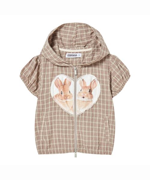 BABY RABBIT SHIRRING SHORT SLEEVE HOODIE ZIP-UP MOCHA CHECKED