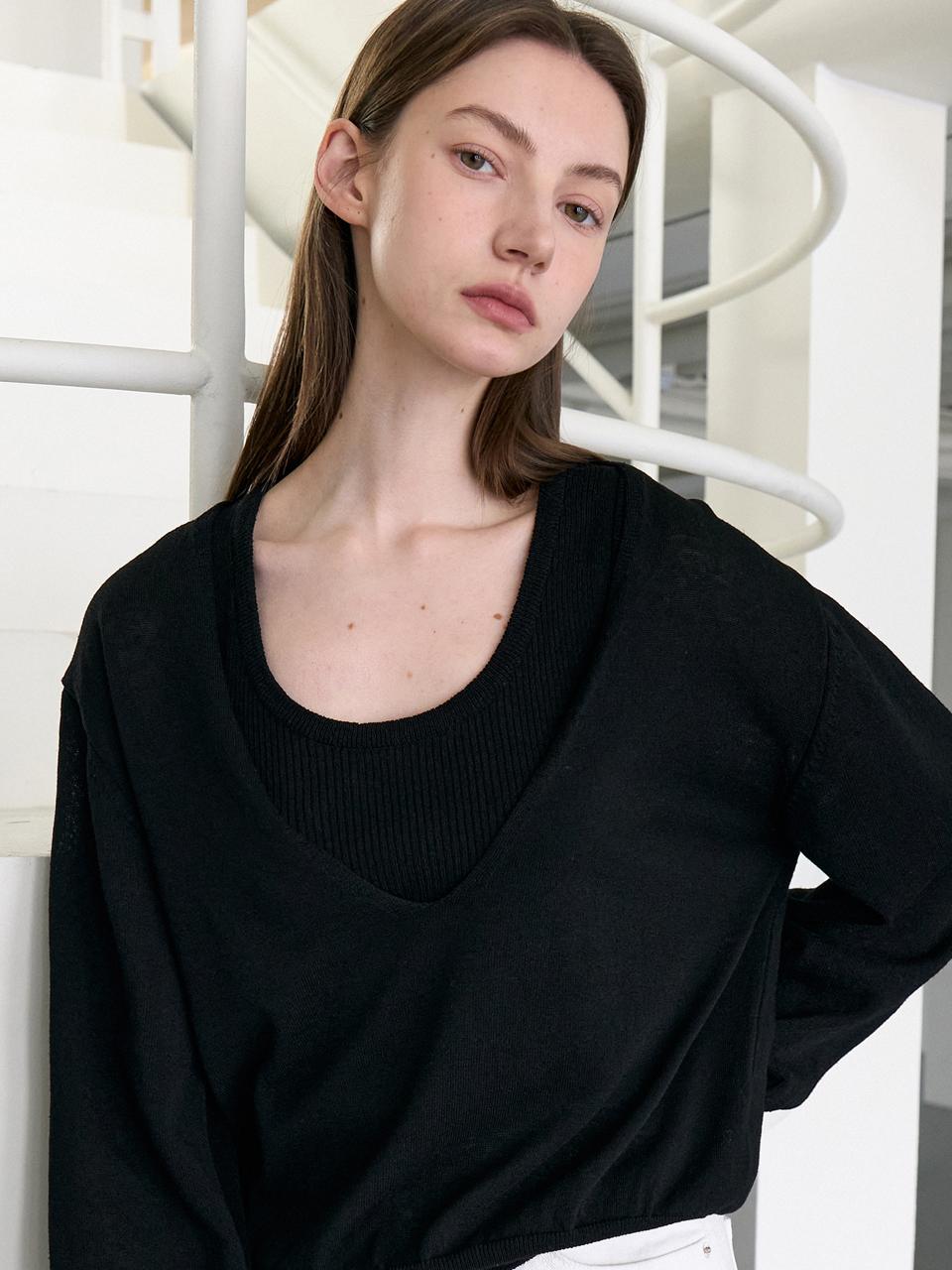 [세트]린넨 골지 니트 U넥 나시 딥 브이넥 레이어드 니트+린넨 골지 니트 U넥 나시 블랙 L042