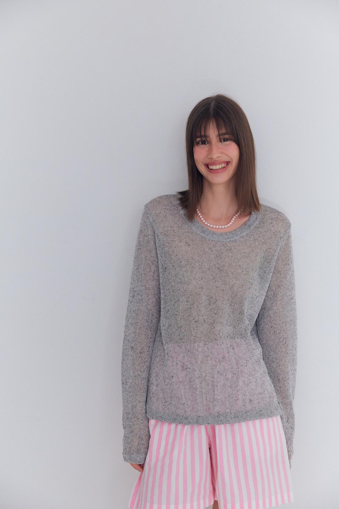 U-Neck Linen Summer Knit Tee (melange grey)