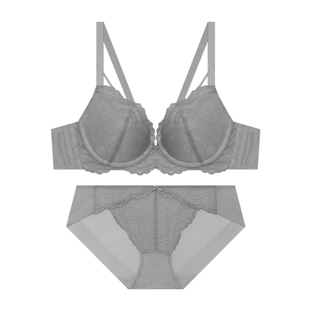 스트링 레이스 노와이어 브라 팬티 세트 - 그레이
