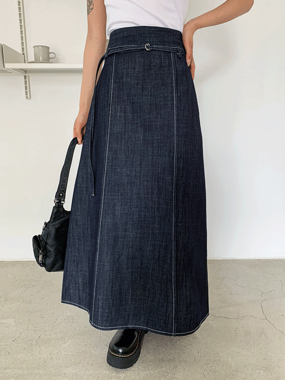 [셋업가능] 초키 벨트 스티치 생지 데님 롱 스커트