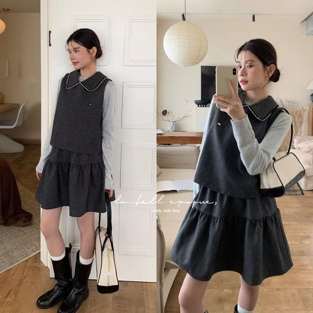 미뉴 가을 결혼식 하객 프릴 카라 레이어드 블라우스 헤링본 스커트 투피스 세트