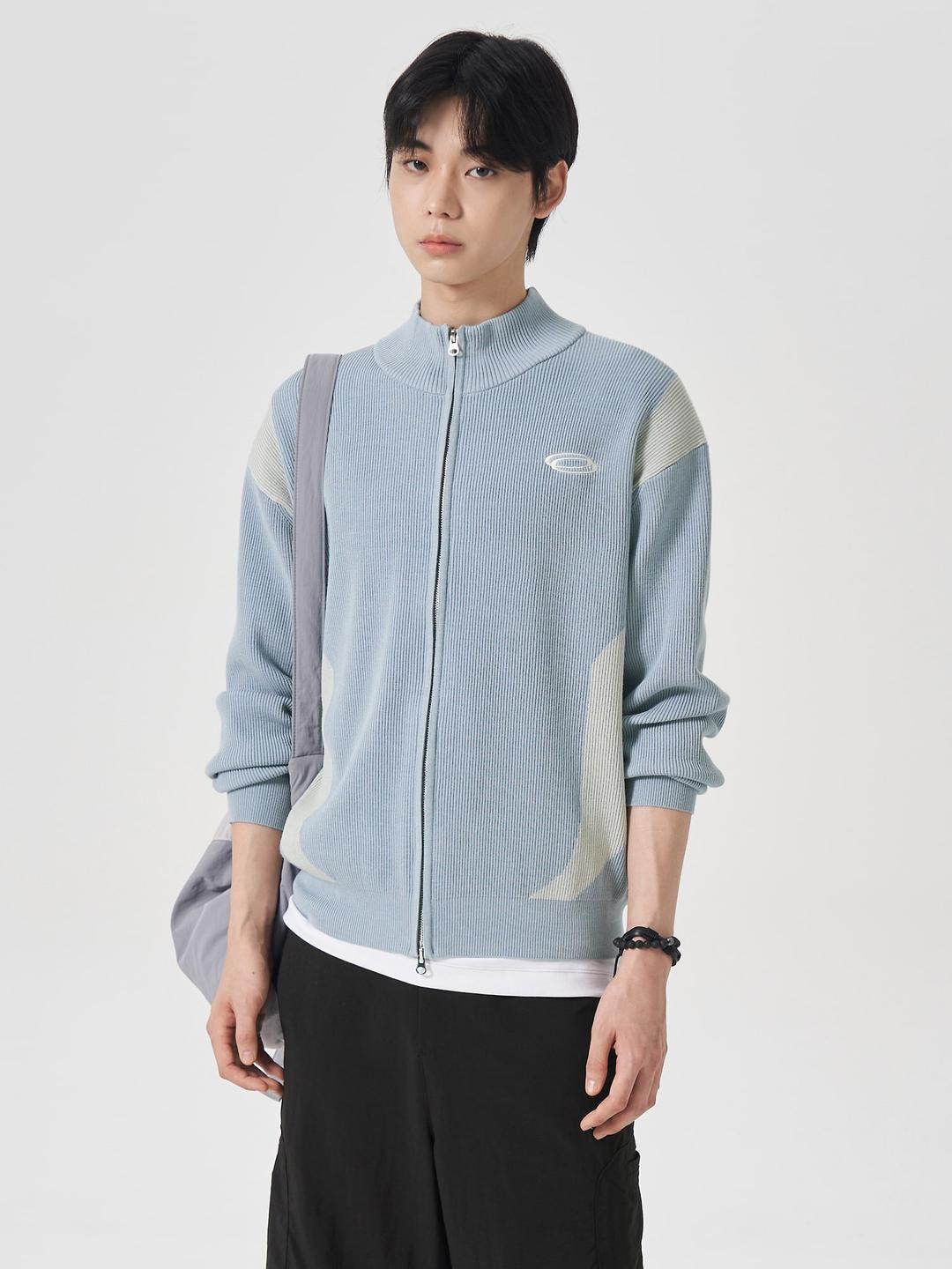 블록 배색 투웨이 집업 카디건 - 스카이블루