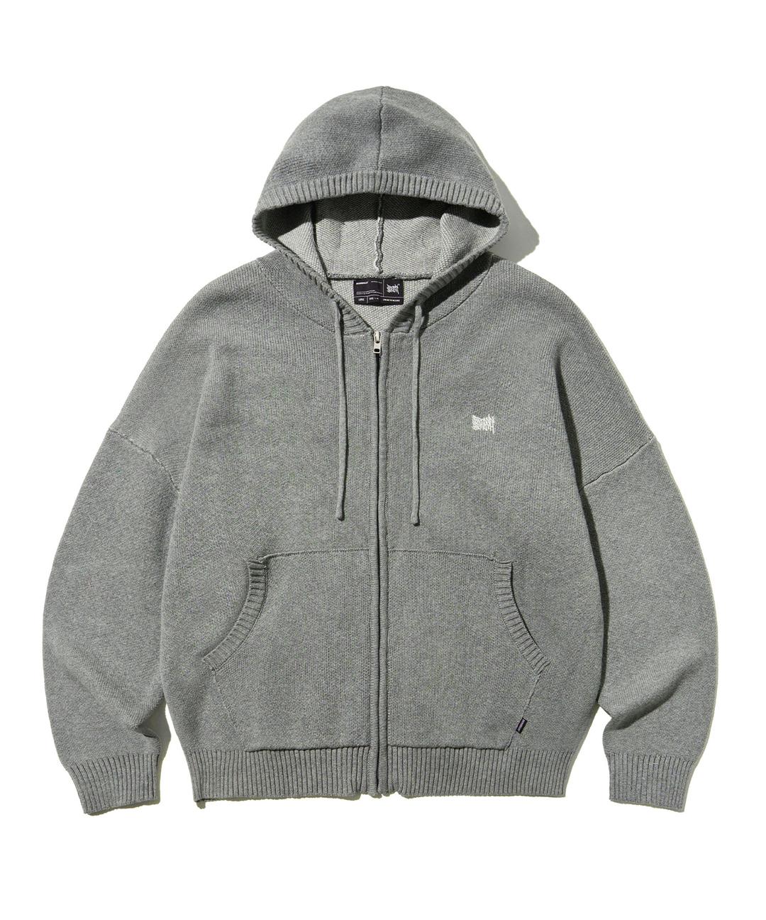 TAG KNIT HOOD ZIP UP - MELANGE GREY