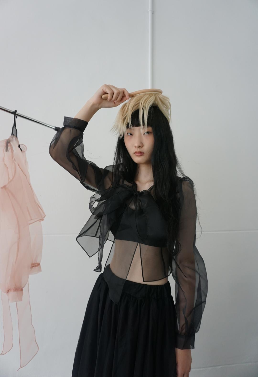 Seethrough Backless Ribbon Blouse, 3color
