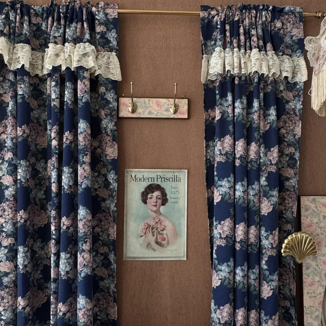 vintage navy floral fabric (curtain)