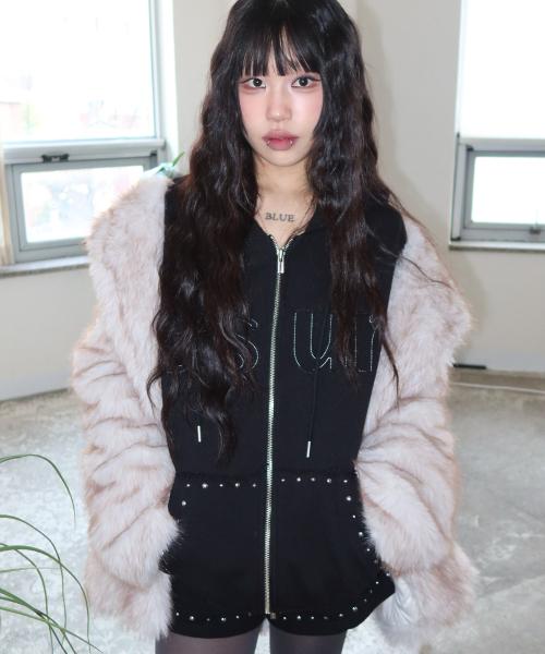 컷 오프 빈티지 후드 집업 블랙