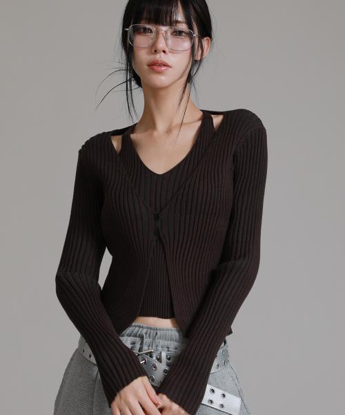 레이어드 골지 나시 투버튼 가디건 니트_카키브라운