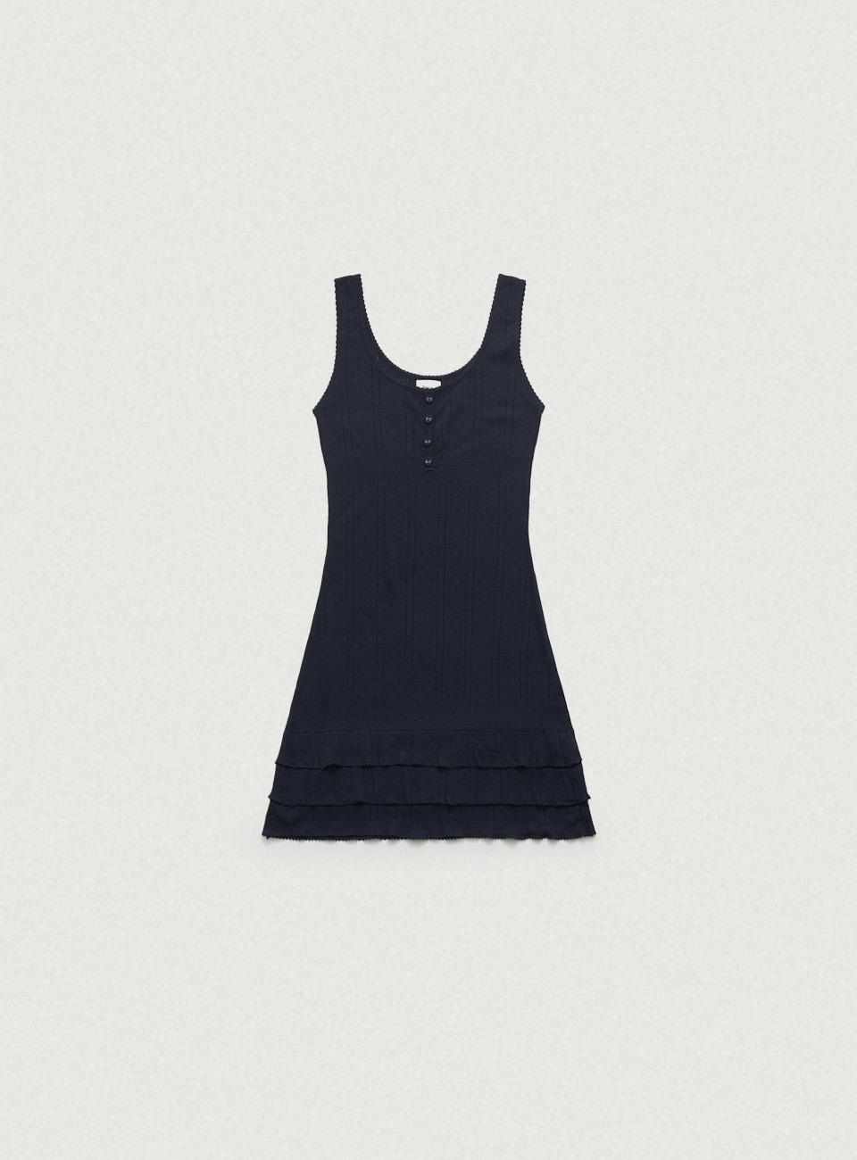 Ruffled Cotton Eyelet Knit Slip Dress_Navy