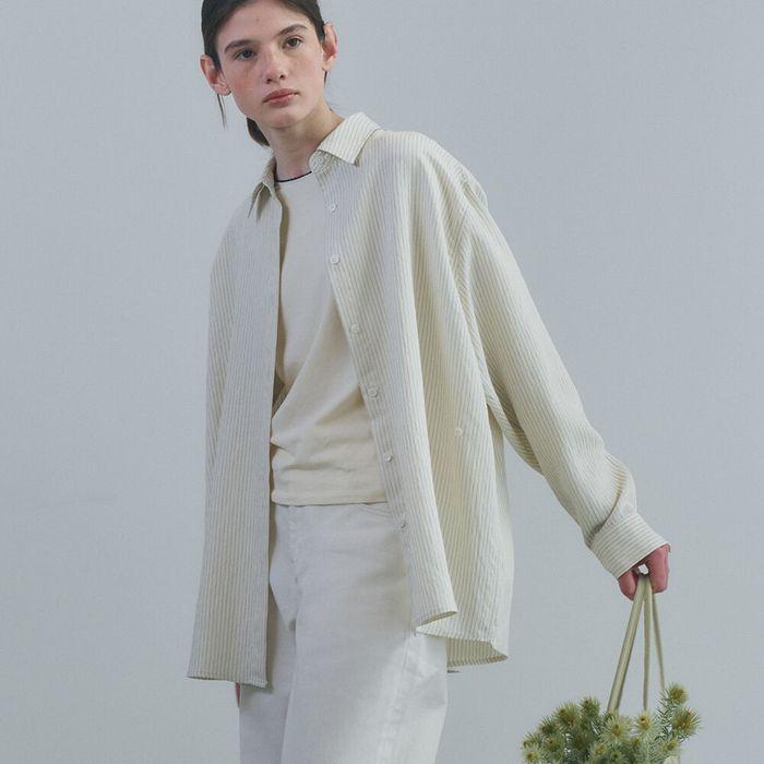 SIDE BUTTON LOOSE FIT STRIPE SHIRT - BUTTER CREAM