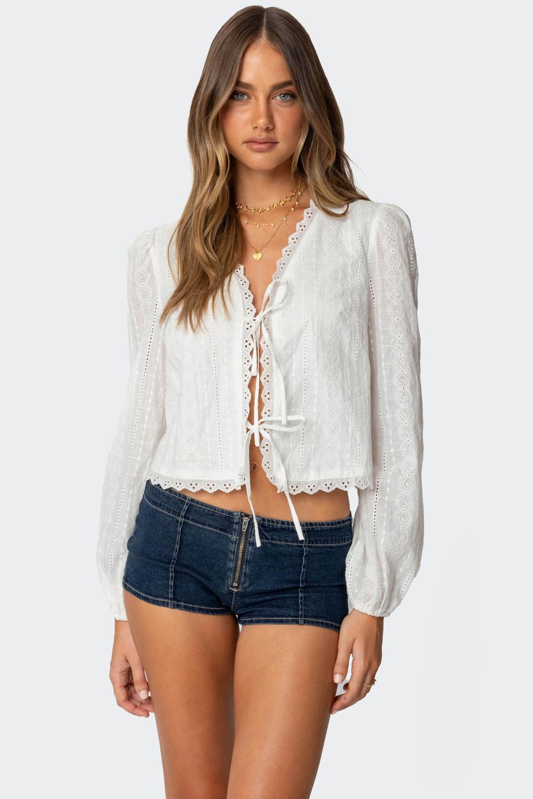 Lesley Cotton Lace Tie Front Top - WHITE / XS