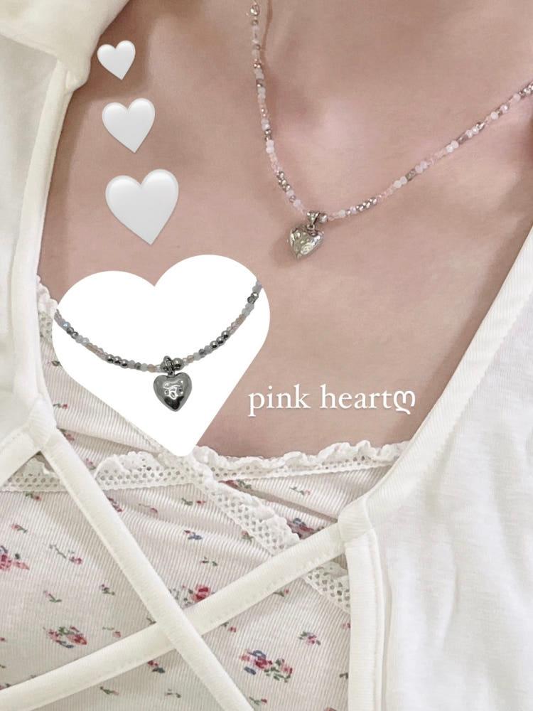 (캔디시크) MADE pink heart necklace / 실버 하트 비즈 목걸이 