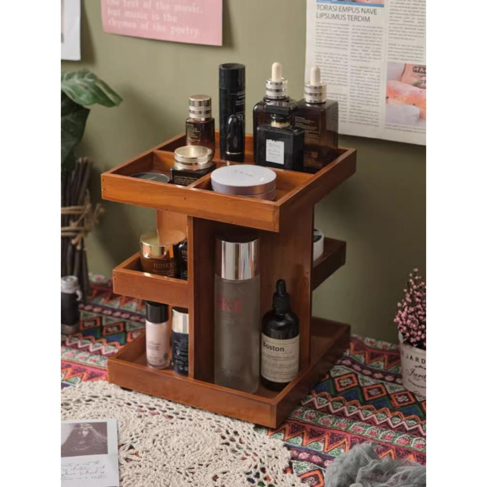 원목 화장품 보관함 고급 수납 빈티지 우드 회전 향수 립스틱 브러쉬 정리대 정리함