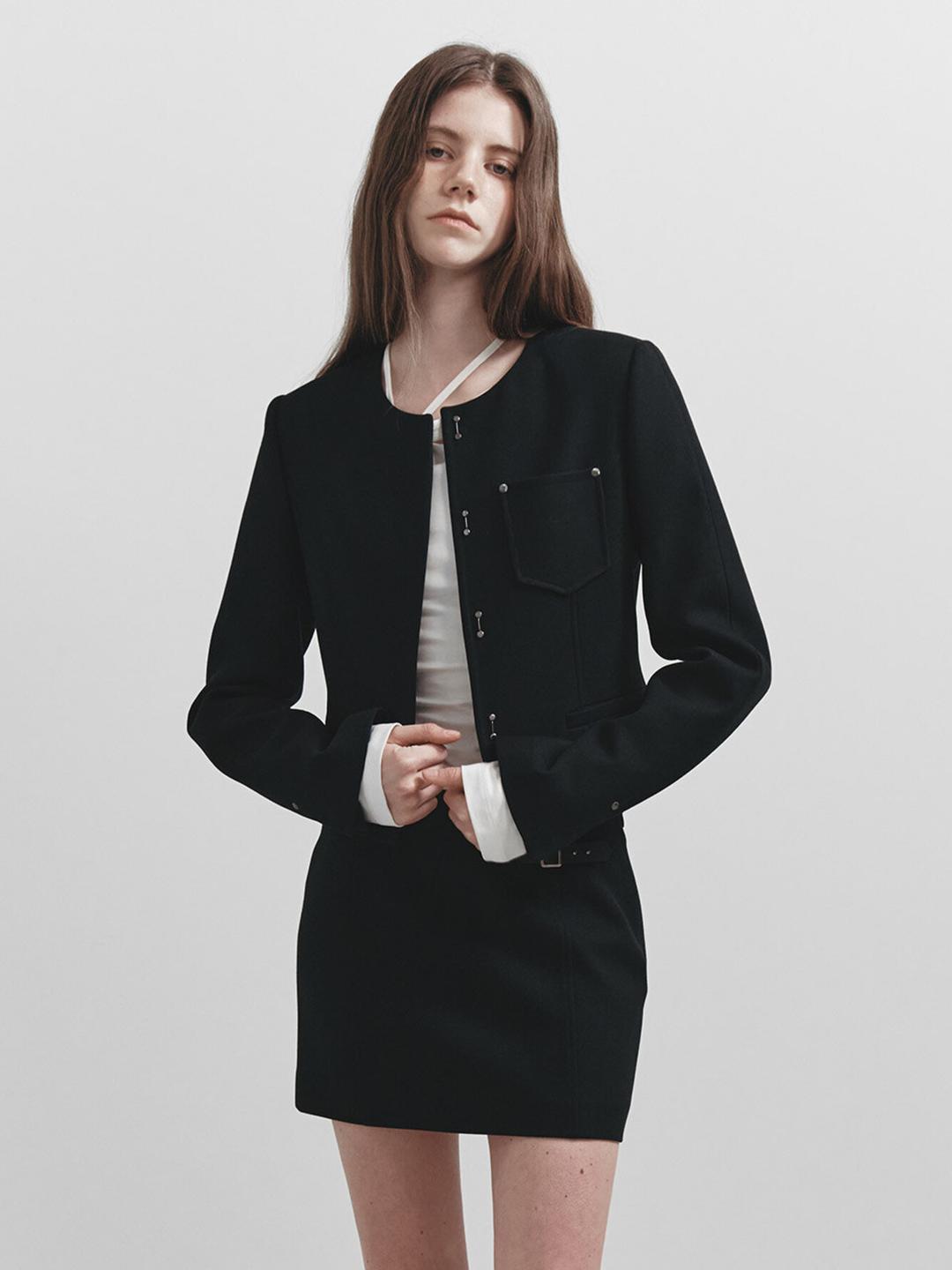Round-neck Twill Jacket in Black VW5SJ071-10