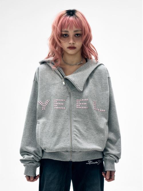 STUDDED Y ZIP-UP HOODIE GREY