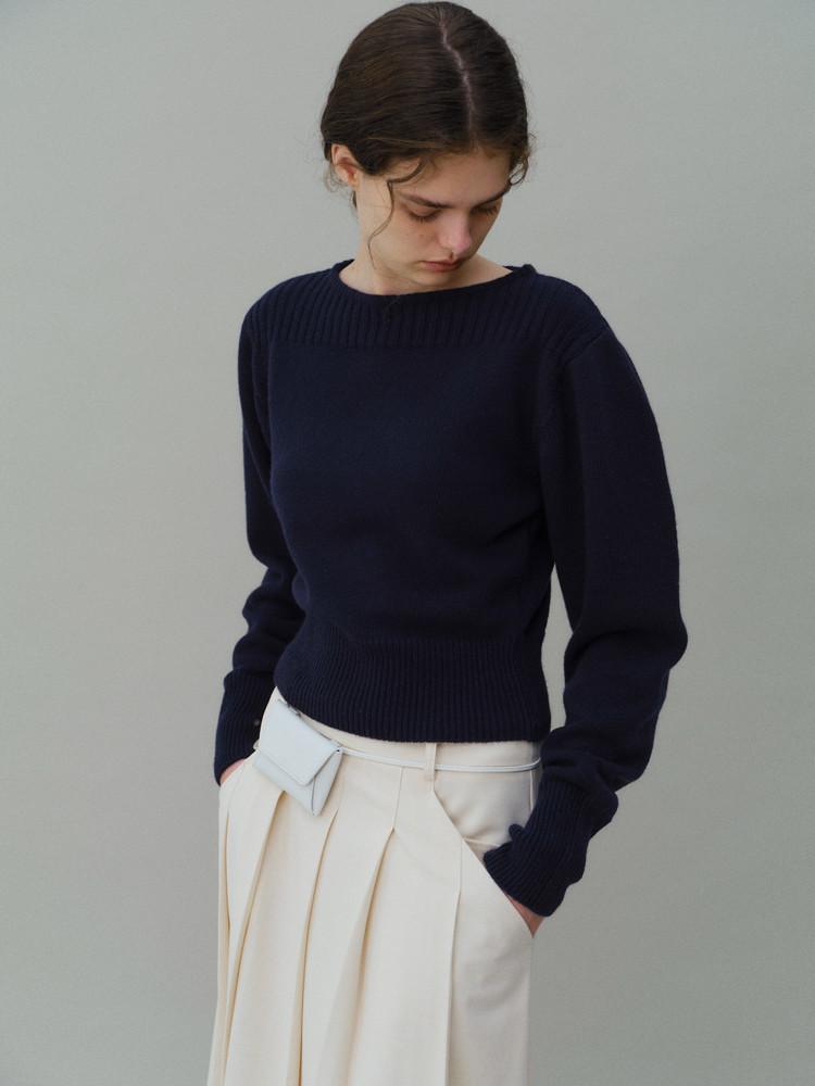 pipe boat-neck puff round knit (navy)