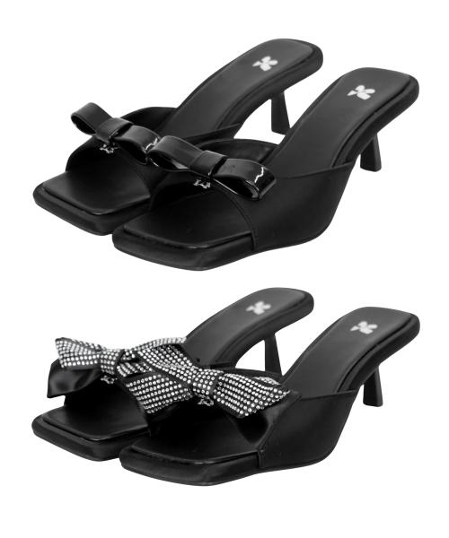 리본 스퀘어 뮬 - 블랙새틴 4cm