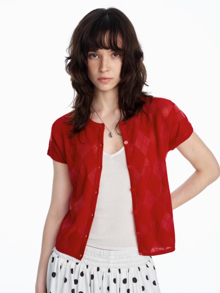 Ni8htMetro Hollow Argyle Short Sleeve Cardigan (2color)