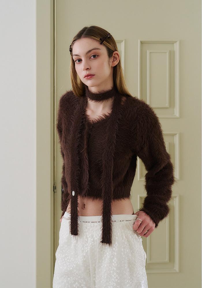 HAIRY MUFFLER CARDIGAN SET-BROWN