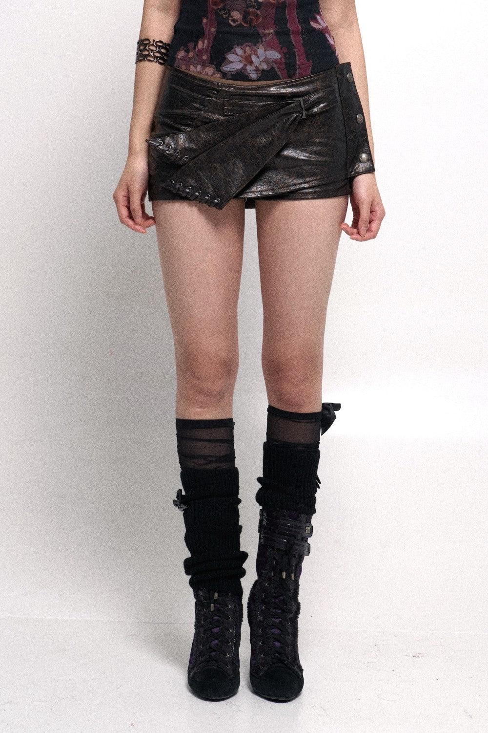 Faux Leather Wrap Mini Skirt with Button Details