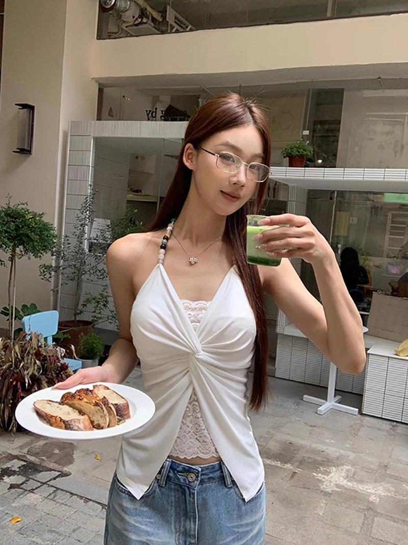 Beads Halter Shirring Cross Sleeveless