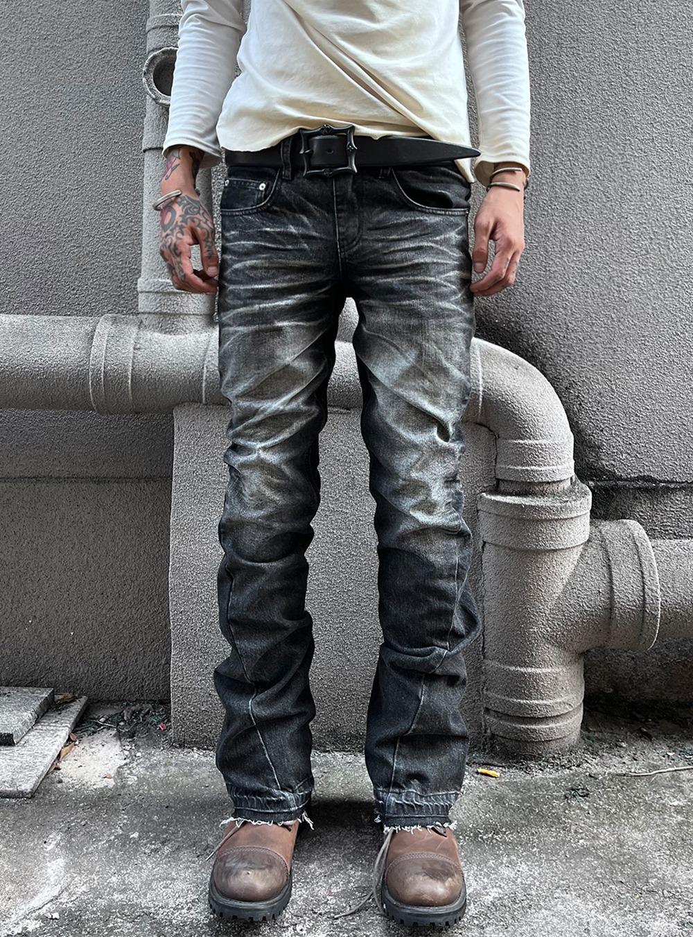[no E mosen] Distressed Grey Denim Slim Fit Jeans