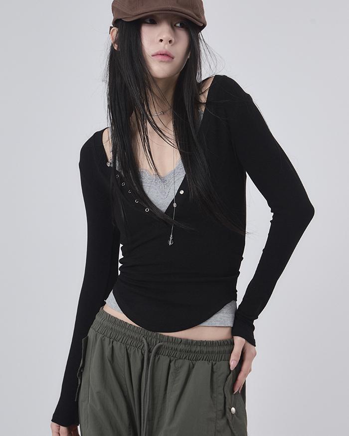 발레코어 브이넥 스냅 크롭 롱 슬리브