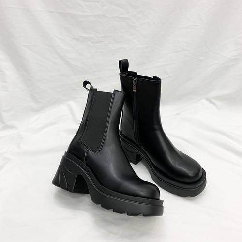 라이크에스 유니크 아웃솔 스퀘어 옆지퍼 밴딩 첼시 가보시 통굽 앵클부츠힐 7.5cm