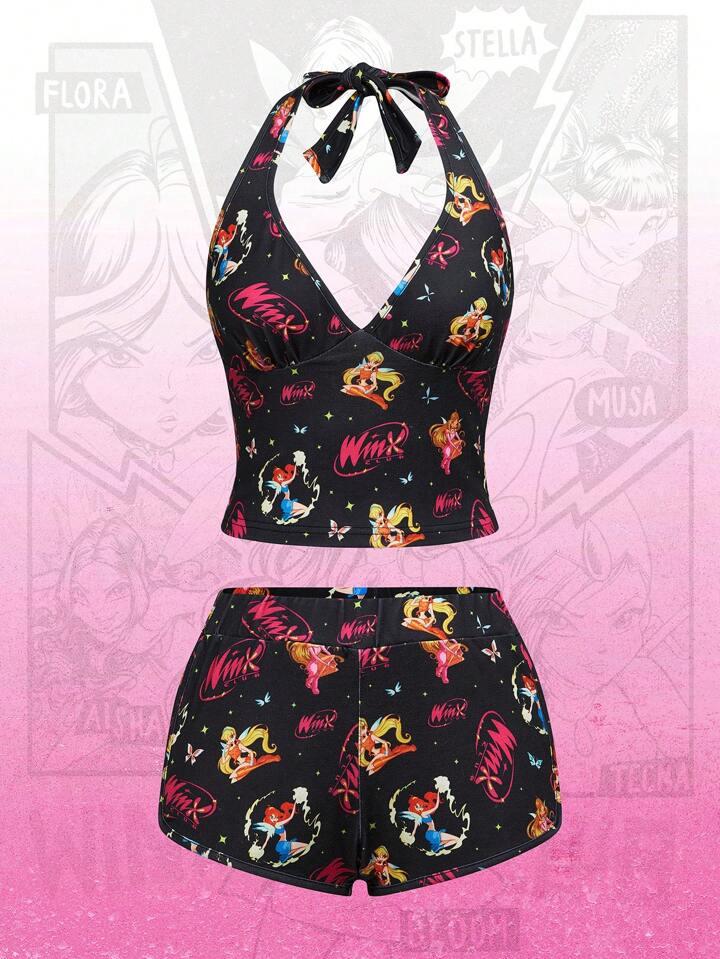 Winx Club X ROMWE 2pcs/Set Women Cartoon Print Sleeveless Halter Top And Shorts Set