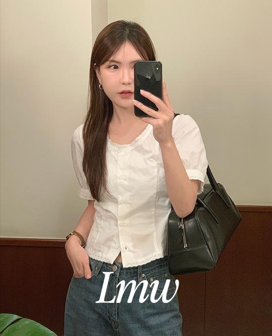 [클리어런스30%][여름블라우스][하객룩][무료배송][l.m.w] 이브 레이스 셔링 (bl)