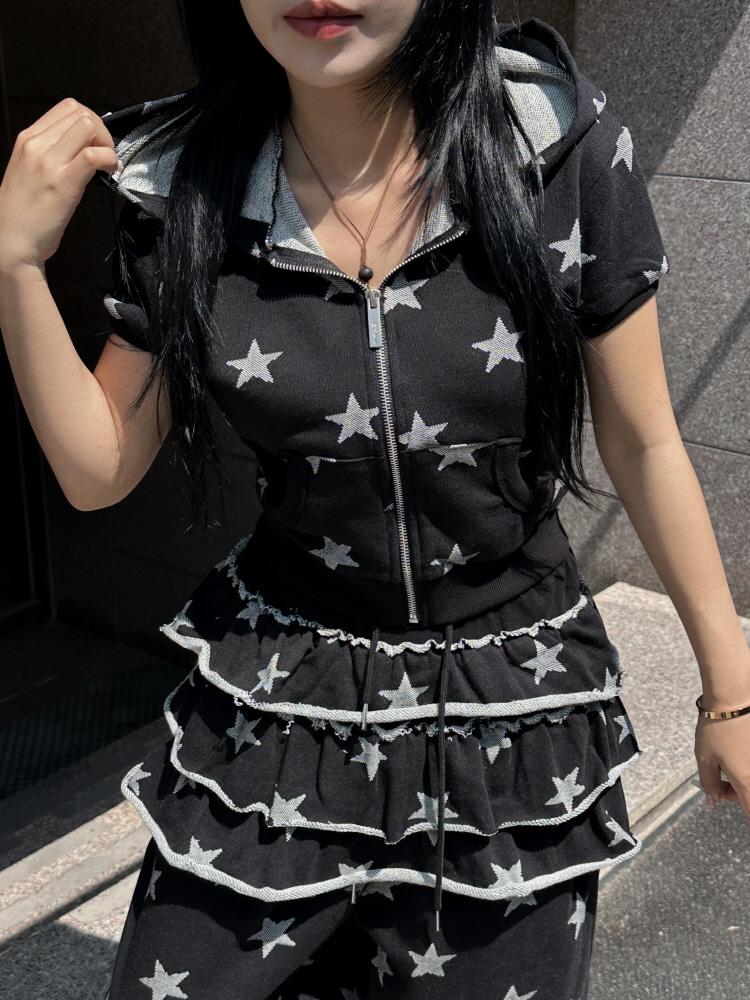 셋업연출✨키치 스타리 스타 별 포인트 키치 하이틴즈 크롭 반팔 하프 후드 집업(2color)