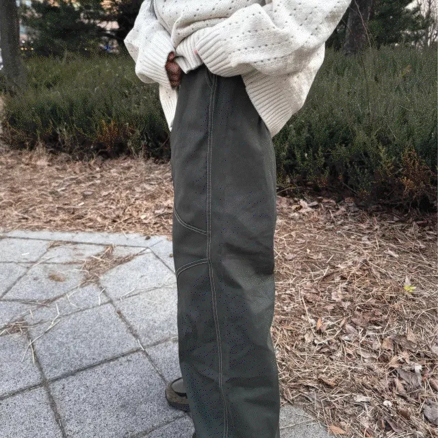 카키 스티치 배색 와이드 코튼 팬츠 khaki stitch pants