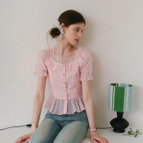Cest_Ribbon button frill blouse