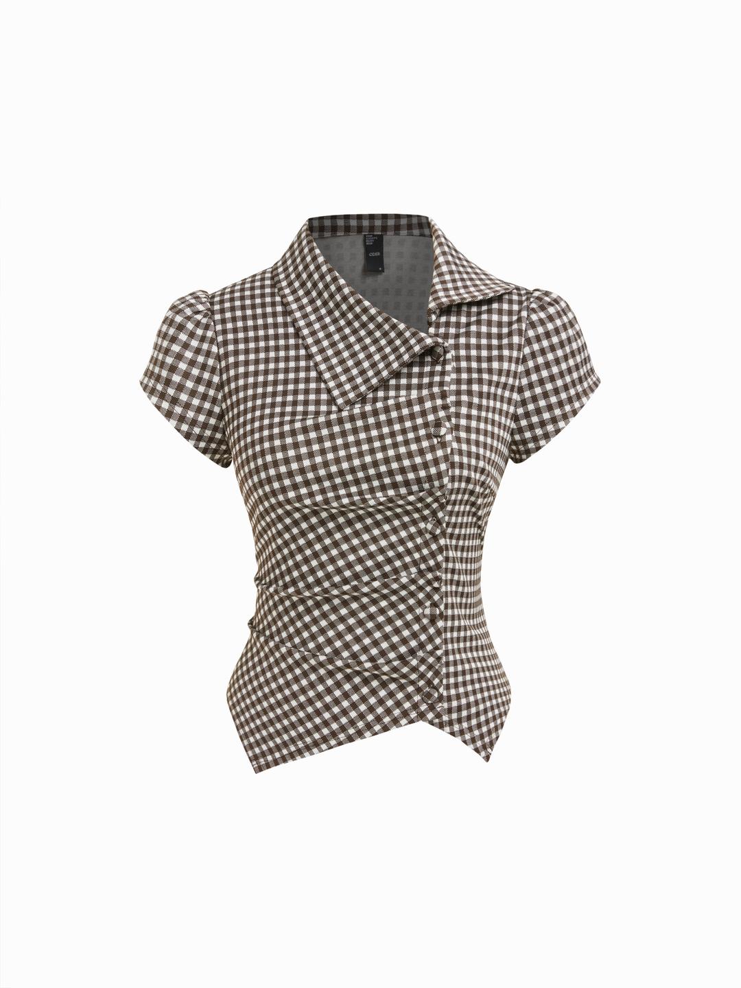 Gingham Puff Sleeve Ruched Asymmetrical Hem Top